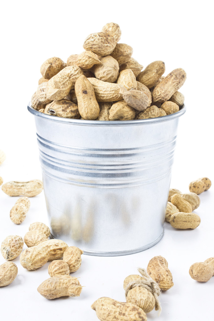 Raw shelled big peanuts in a bucket on white background, closeup