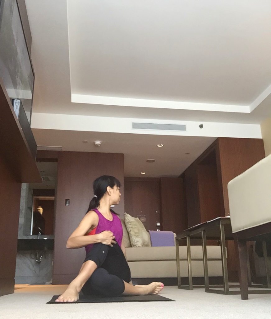yoga practice in-room at Shangri-La